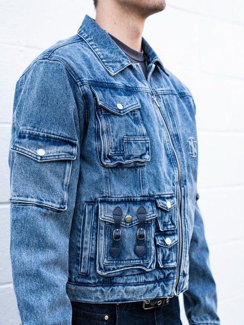 Light Wash Curved Zipper Denim Jacket
