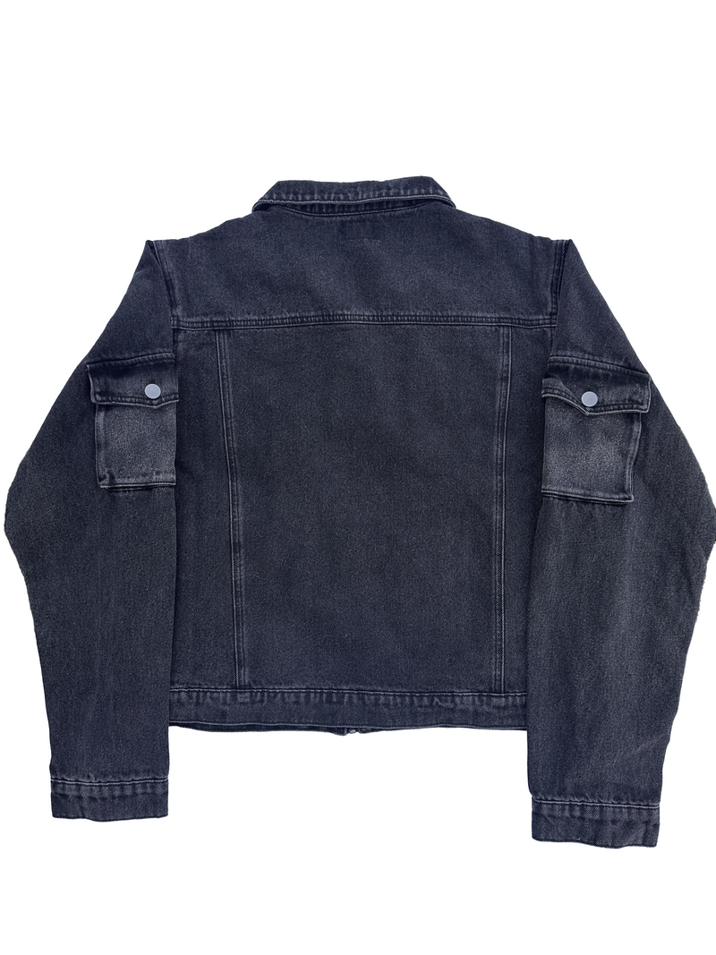 Black Curved Zipper Denim Jacket