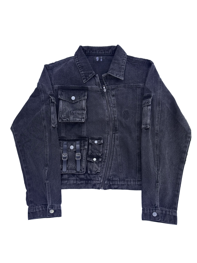Black Curved Zipper Denim Jacket
