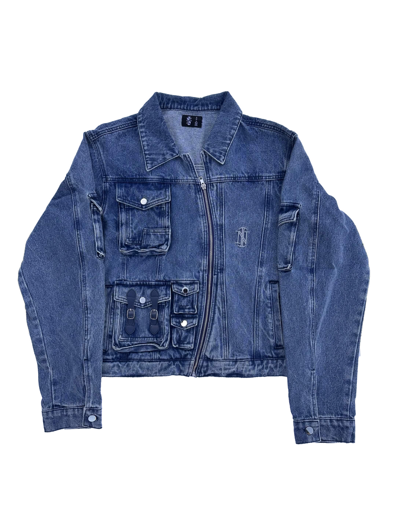 Light Wash Curved Zipper Denim Jacket
