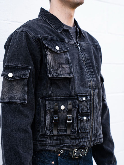 Black Curved Zipper Denim Jacket